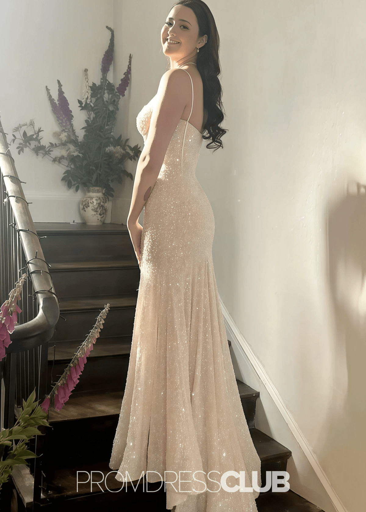 June | Mermaid Spaghetti Straps Light Pink Sequin Long Prom Dress - Price #price_variant_lowest# - Champagne - PromDressClub