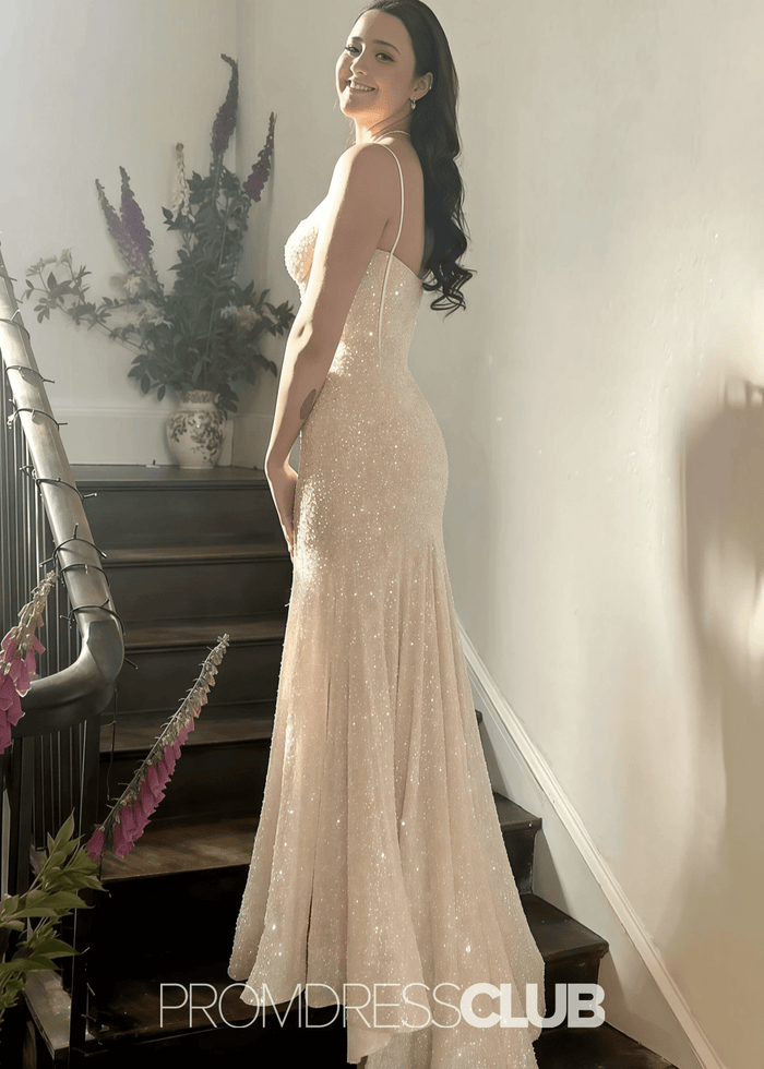 June | Mermaid Spaghetti Straps Light Pink Sequin Long Prom Dress - Price #price_variant_lowest# - Champagne - PromDressClub