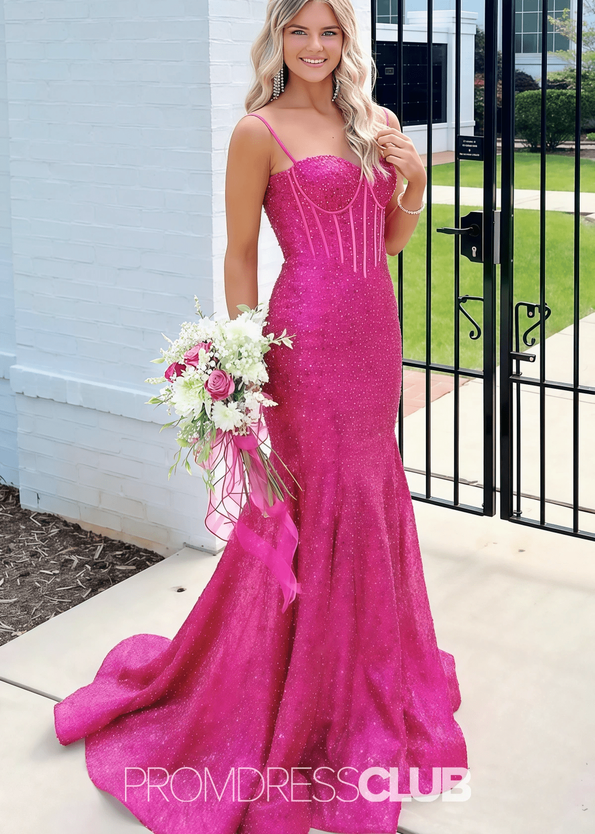 June | Mermaid Spaghetti Straps Light Pink Sequin Long Prom Dress - Price #price_variant_lowest# - Fuchsia - PromDressClub