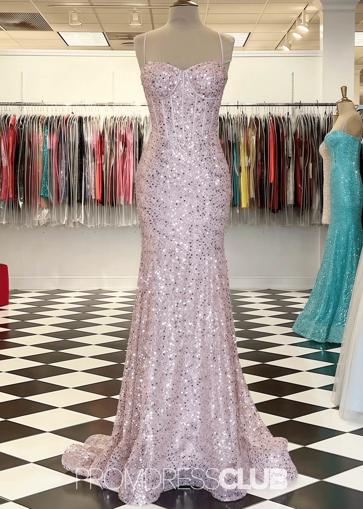 June | Mermaid Spaghetti Straps Light Pink Sequin Long Prom Dress - Price #price_variant_lowest# - Light Pink - PromDressClub