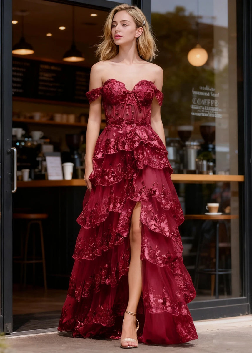 Kaleido Burgundy Sequins Ruffle Prom Dress | A - Line Off the Shoulder Sweetheart Neckline Tiered Dress with Slit - US0 - PromDressClub