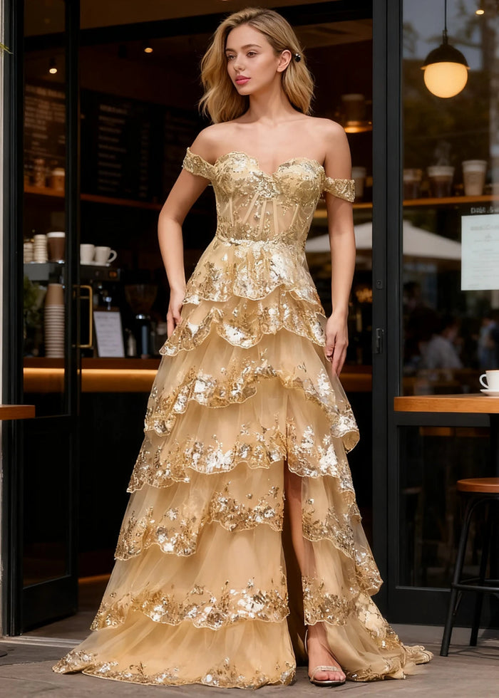 Kaleido Gold Sequins Ruffle Prom Dress | A - Line Off the Shoulder Sweetheart Neckline Tiered Dress with Slit - US0 - PromDressClub