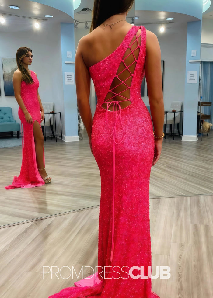 Kama |Long Red Prom Dresses Near Me With Sparkle Sequins Mermaid One Shoulder Slit - Price #price_variant_lowest# - Hot Pink - PromDressClub