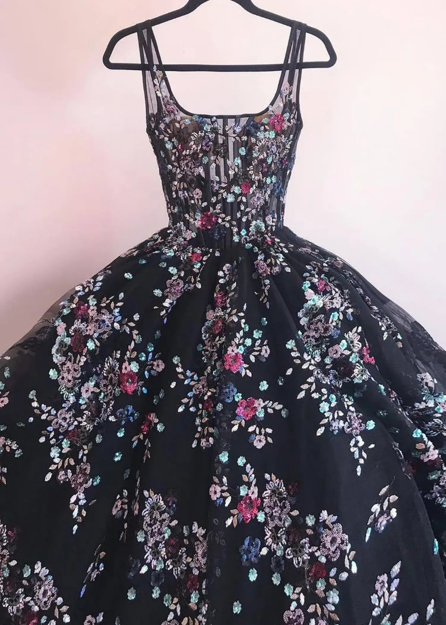 Kate |A Line Retro Embroidery Square Neck Corset Blush Long Plus Size Prom Dress with 3D Flower - Black - US0 - PromDressClub