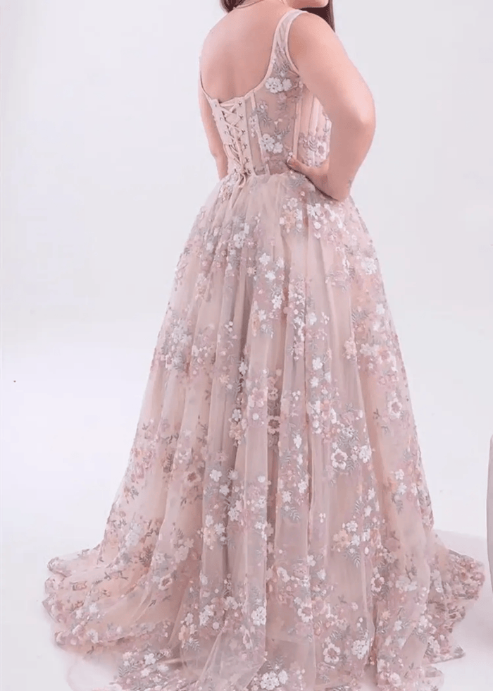 Kate | Ball Gown/Princess Blush Floral 3D Flower Square Neckline Prom Dress - Blush Floral - PromDressClub