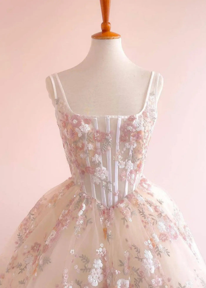Kate | Ball Gown/Princess Blush Floral 3D Flower Square Neckline Prom Dress - Champagne Floral - PromDressClub