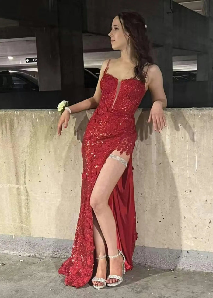Kate | Sparkly Black Red Mermaid Strapless Strap Prom Dress with Slit and Train - Red - PromDressClub