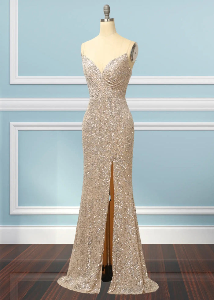 Kate | Strapless Champagne Sequin Mermaid Prom Dress Split - Champagne - PromDressClub