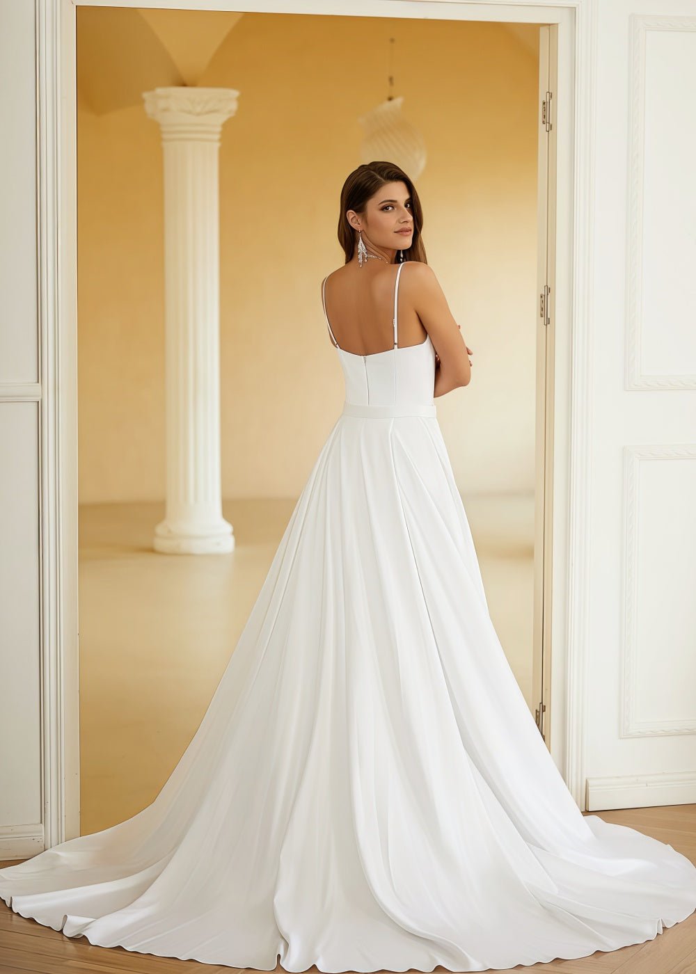 Katherine | Elegant Sheath/Column White Satin Spaghetti Strap Backless Wedding Dress with Court Train - White - PromDressClub