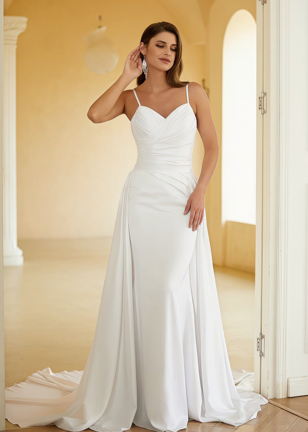 Katherine | Elegant Sheath/Column White Satin Spaghetti Strap Backless Wedding Dress with Court Train - White - PromDressClub