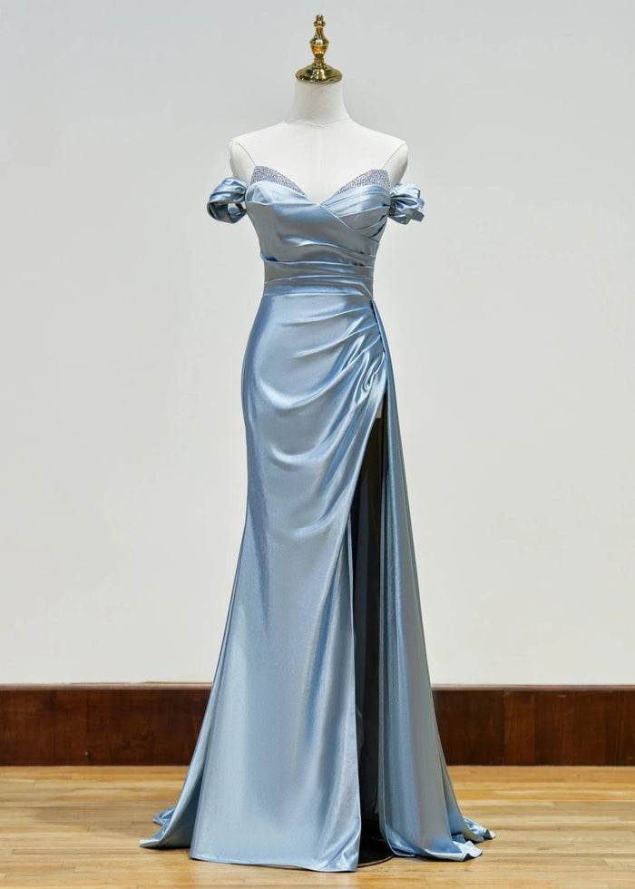Katherine | Blue Prom Dresses Long Mermaid Satin Off the Shoulder with Slit - Dusty Blue - PromDressClub