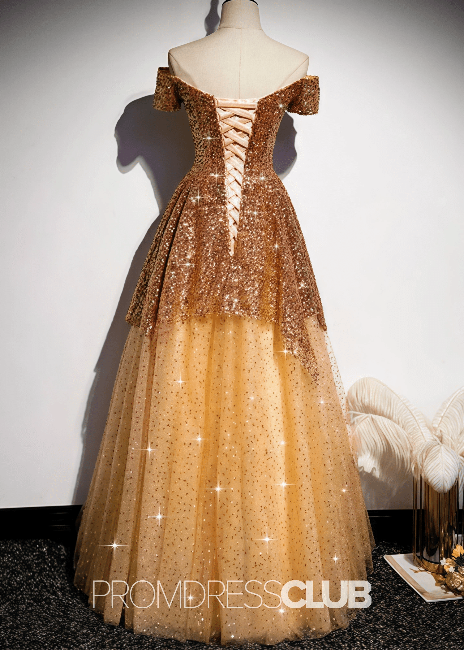 Kelly |Long Gold Prom Dresses Near Me With A Line Off the Shoulder Sequins - Gold - US0 - PromDressClub