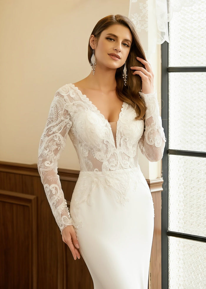 Kimberley | Long Sleeve Lace Mermaid V Neck Ivory Wedding Dress with Cathedral Train - Ivory - PromDressClub