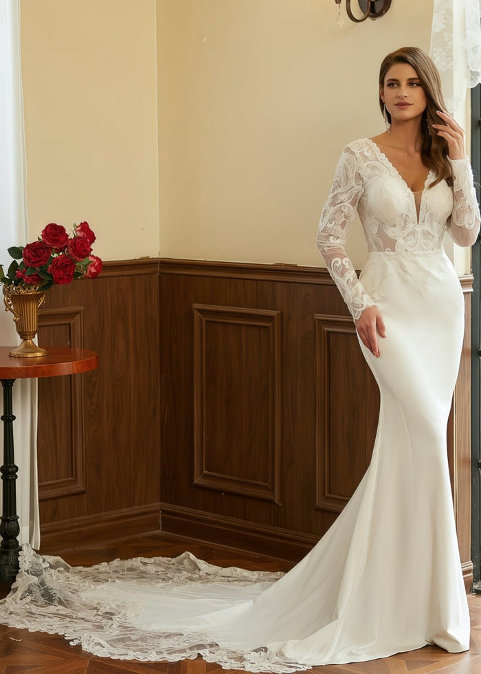 Kimberley | Long Sleeve Lace Mermaid V Neck Ivory Wedding Dress with Cathedral Train - Ivory - PromDressClub