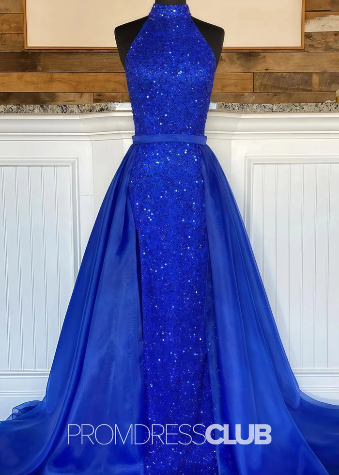 Kimberley |Royal Blue Long Prom Dresses Near Me With High Neck Sequin Mermaid Detachable Train - Price #price_variant_lowest# - Royal Blue - PromDressClub