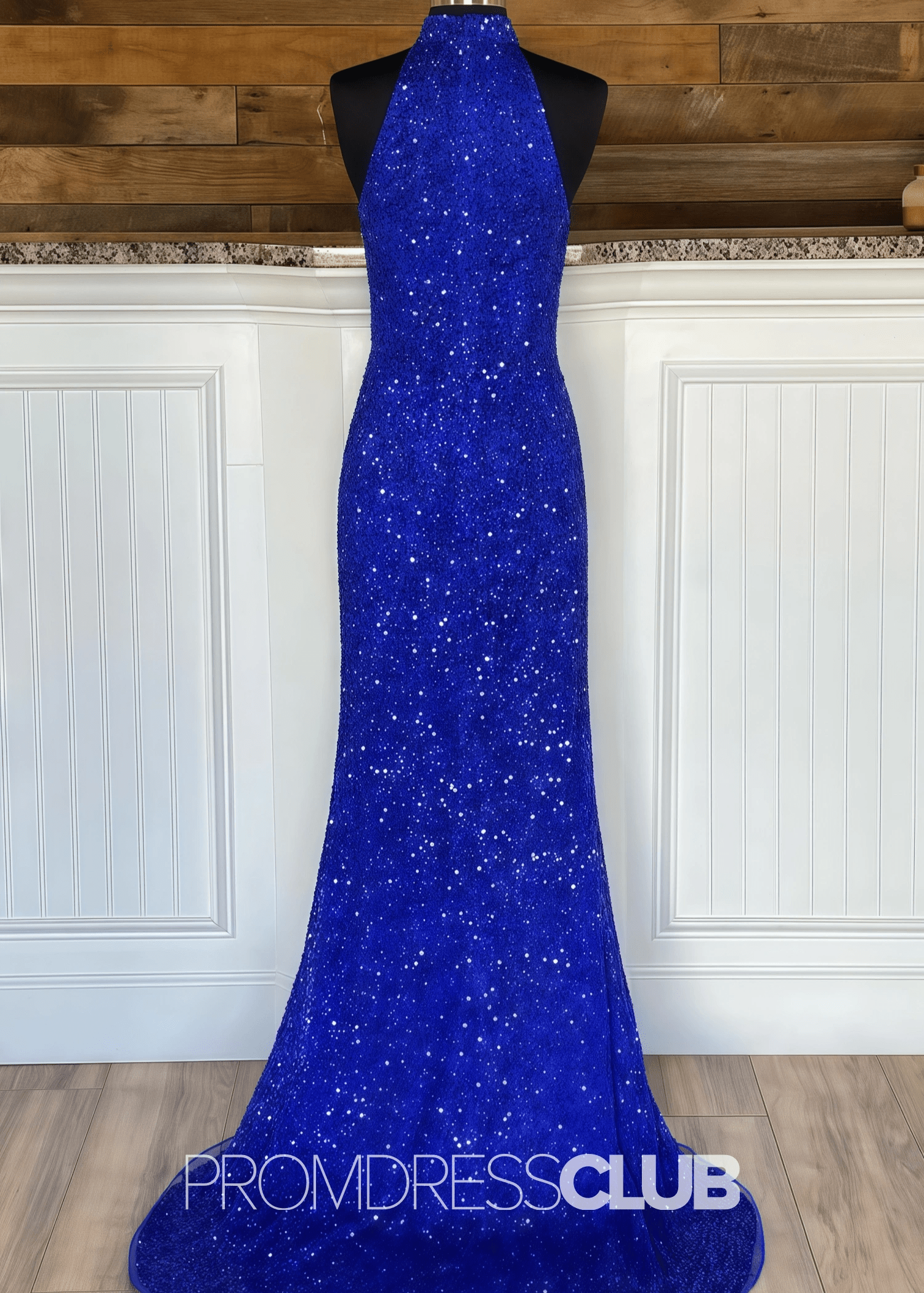 Kimberley |Royal Blue Long Prom Dresses Near Me With High Neck Sequin Mermaid Detachable Train - Royal Blue - US0 - PromDressClub