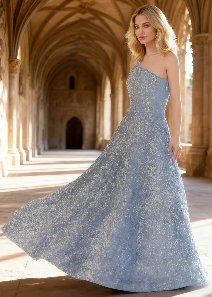 Mara Light Blue Velvet 1 Shoulder Prom Dress | A - Line Asymmetrical Sequin Open Back Gown - US00 - PromDressClub