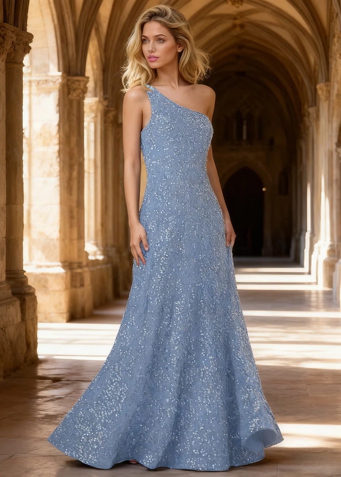 Mara Light Blue Velvet 1 Shoulder Prom Dress | A - Line Asymmetrical Sequin Open Back Gown - US00 - PromDressClub