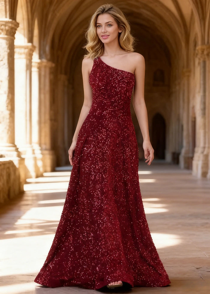 Mara Burgundy Velvet 1 Shoulder Prom Dress | A - Line Asymmetrical Sequin Open Back Gown - US00 - PromDressClub