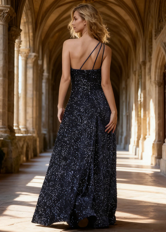 Mara Navy Blue Velvet 1 Shoulder Prom Dress | A - Line Asymmetrical Sequin Open Back Gown - US00 - PromDressClub
