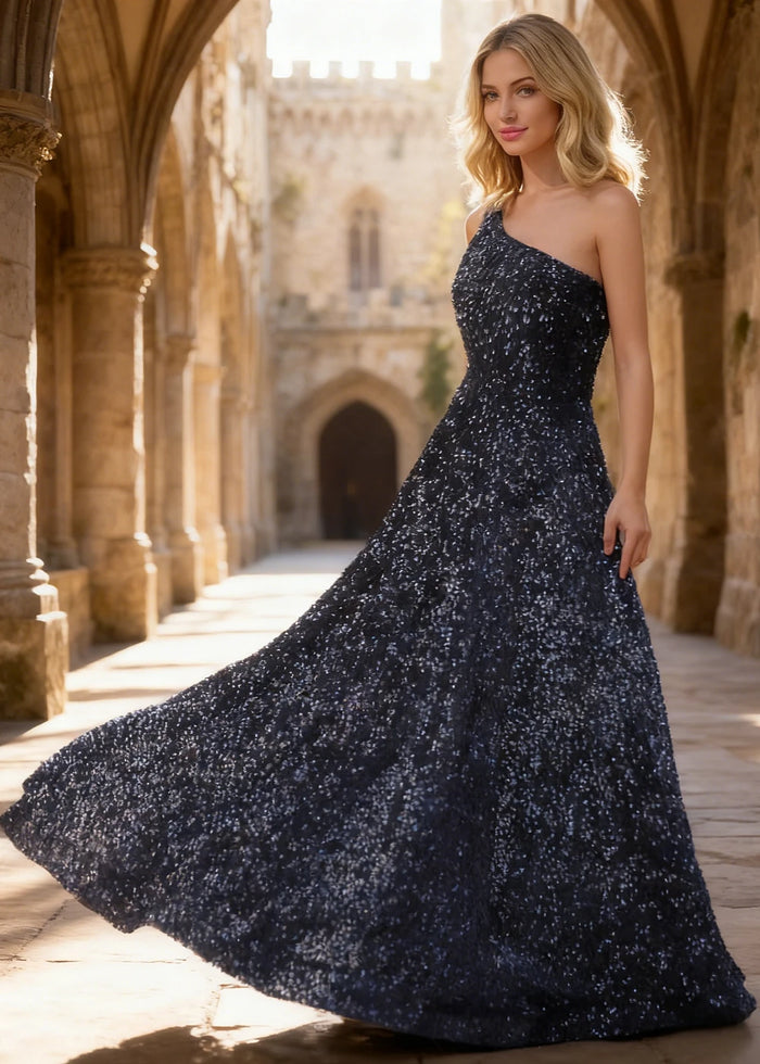 Mara Navy Blue Velvet 1 Shoulder Prom Dress | A - Line Asymmetrical Sequin Open Back Gown - US00 - PromDressClub