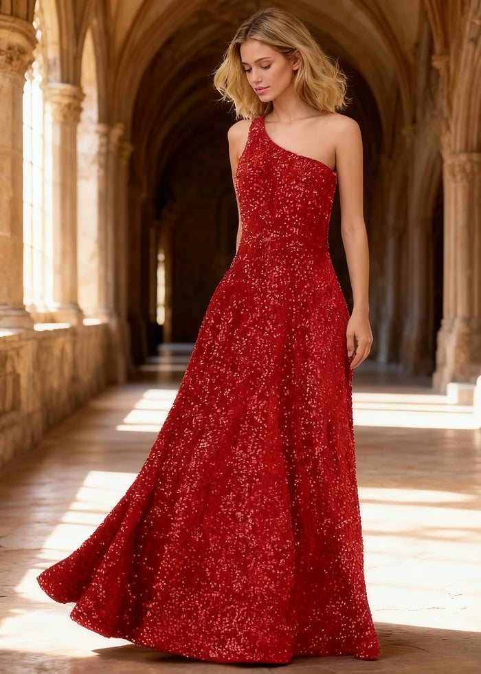 Mara Red Velvet 1 Shoulder Prom Dress | A - Line Asymmetrical Sequin Open Back Gown - US00 - PromDressClub