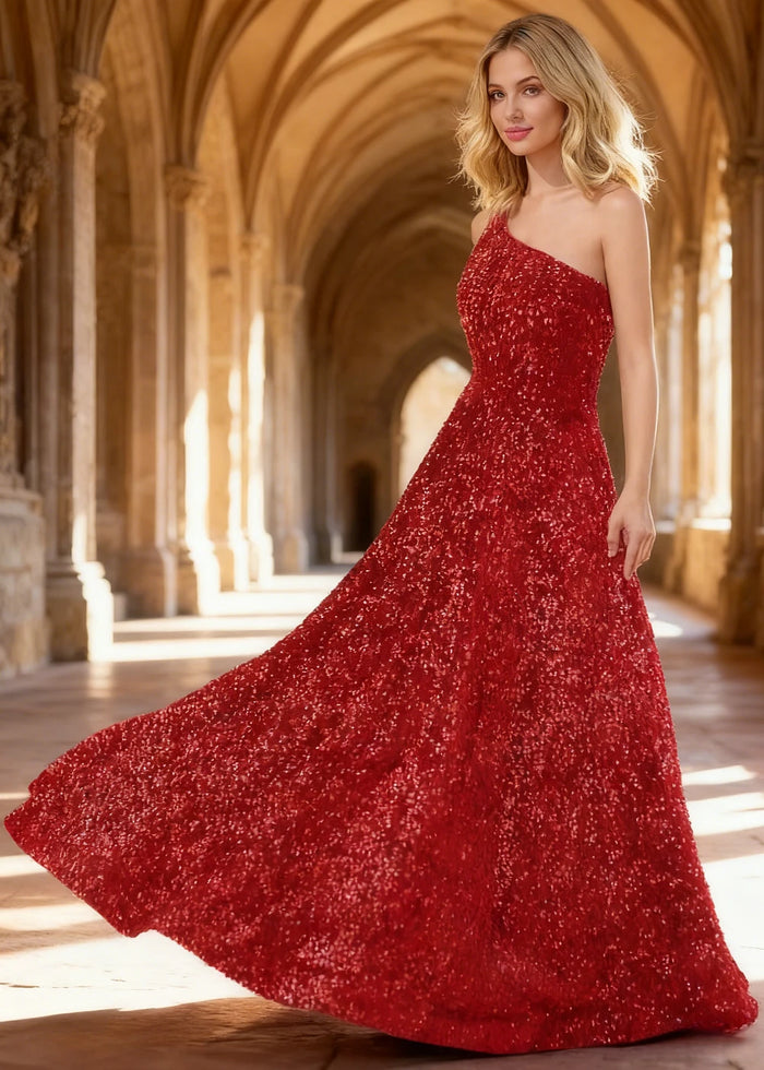 Mara Red Velvet 1 Shoulder Prom Dress | A - Line Asymmetrical Sequin Open Back Gown - US00 - PromDressClub