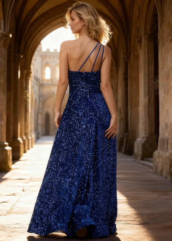 Mara Royal Blue Velvet 1 Shoulder Prom Dress | A - Line Asymmetrical Sequin Open Back Gown - US00 - PromDressClub