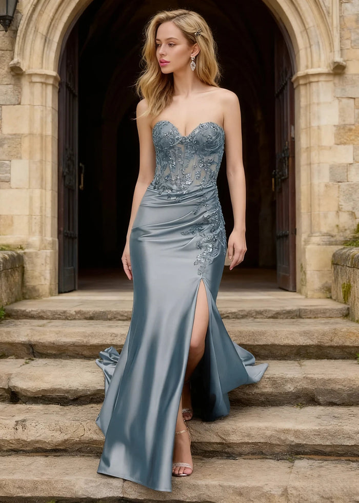 Kismet Dusty Blue Strapless Prom Dress | Mermaid Sweetheart Neckline Lace 3D Floral Pleated Dress Split - US0 - PromDressClub