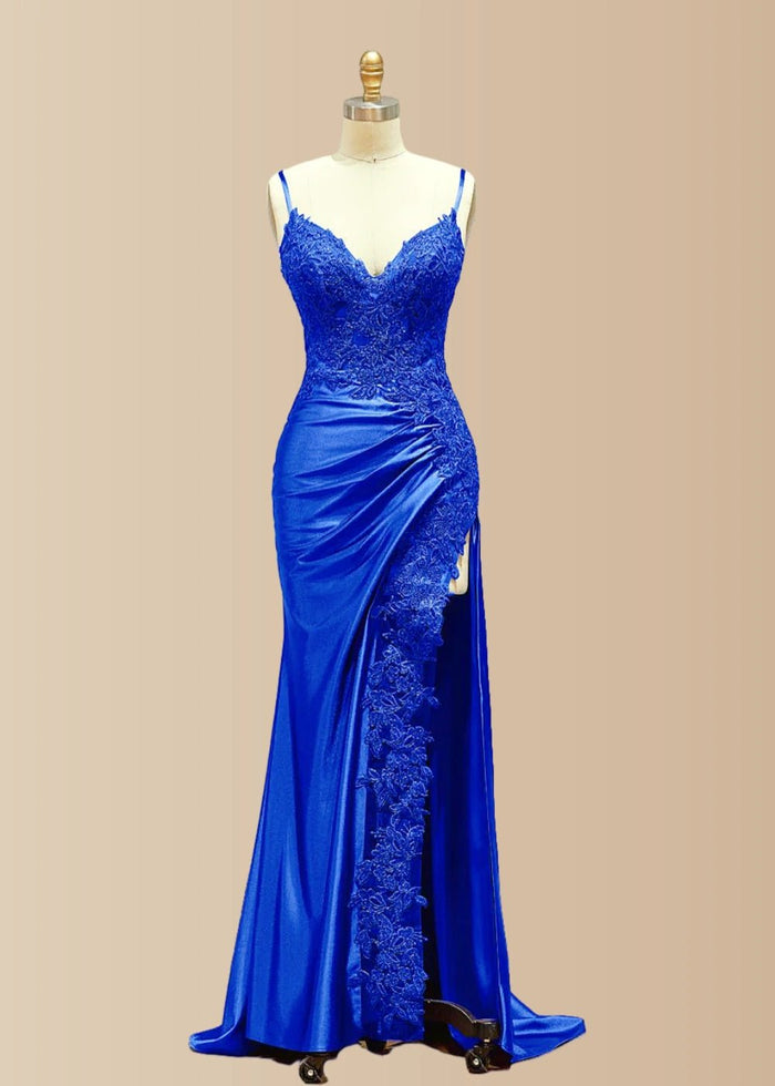 Kristin | Black Prom Dresses Long Mermaid V Neck Lace with High Slit - Royal Blue - PromDressClub