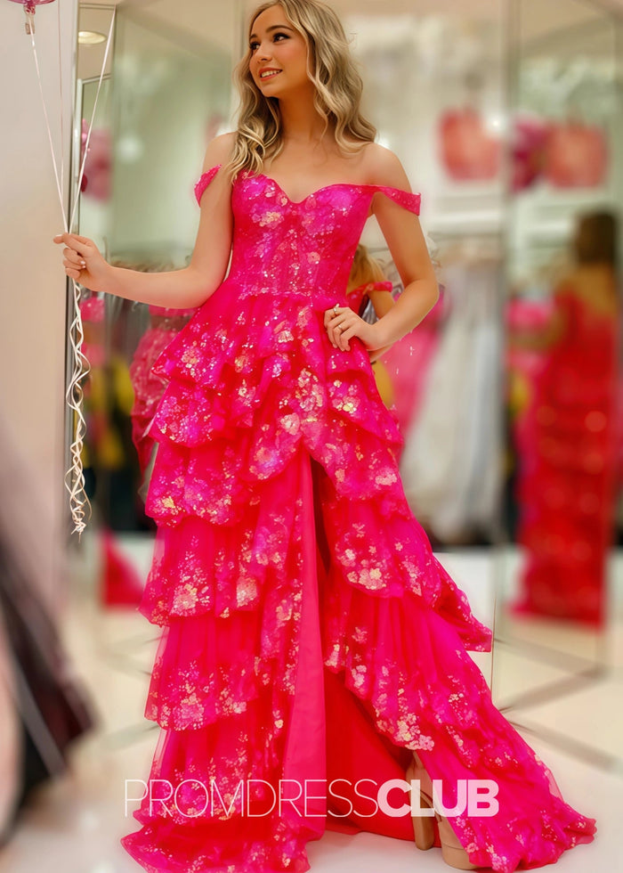Kristin |Long Fuchsia Prom Dresses Near Me With A Line Off The Shoulder Sequin Tiered Ruffle - Price #price_variant_lowest# - Fuchsia - PromDressClub