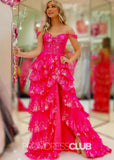 Kristin |Long Fuchsia Prom Dresses Near Me With A Line Off The Shoulder Sequin Tiered Ruffle - Fuchsia - US0 - PromDressClub