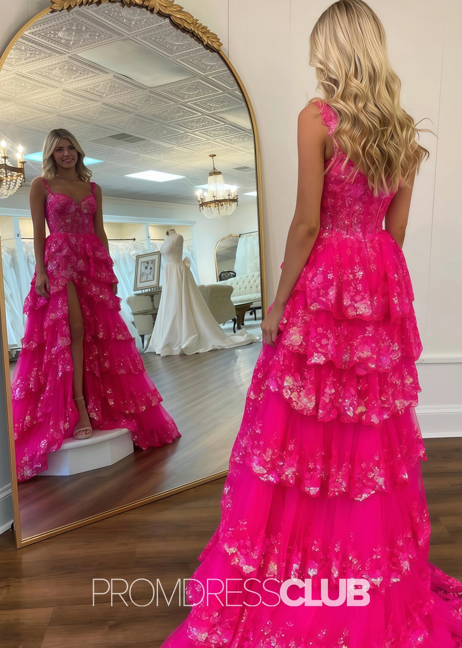 Kristin |Long Fuchsia Prom Dresses Near Me With A Line Off The Shoulder Sequin Tiered Ruffle - Fuchsia - US0 - PromDressClub