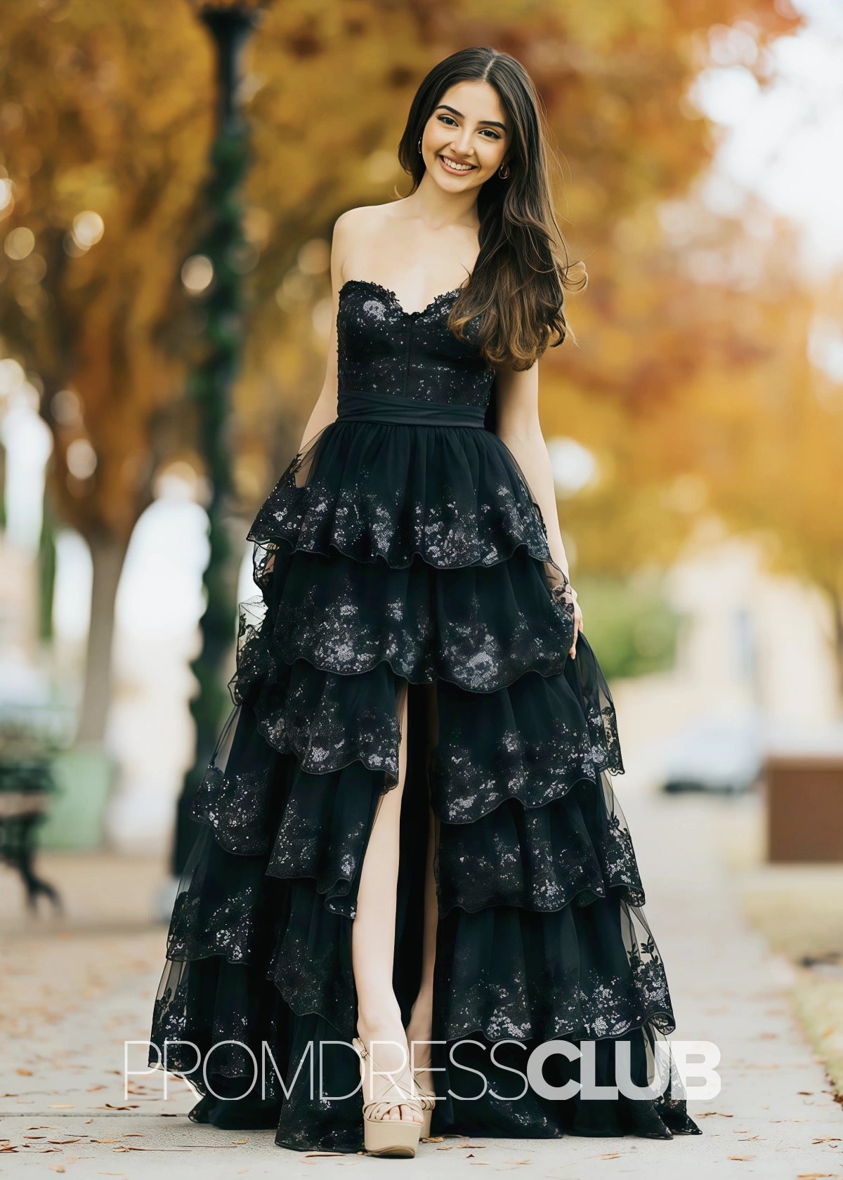 Lace Appliques Ruffle Black Prom Dresses - Black - PROMDRESS Club