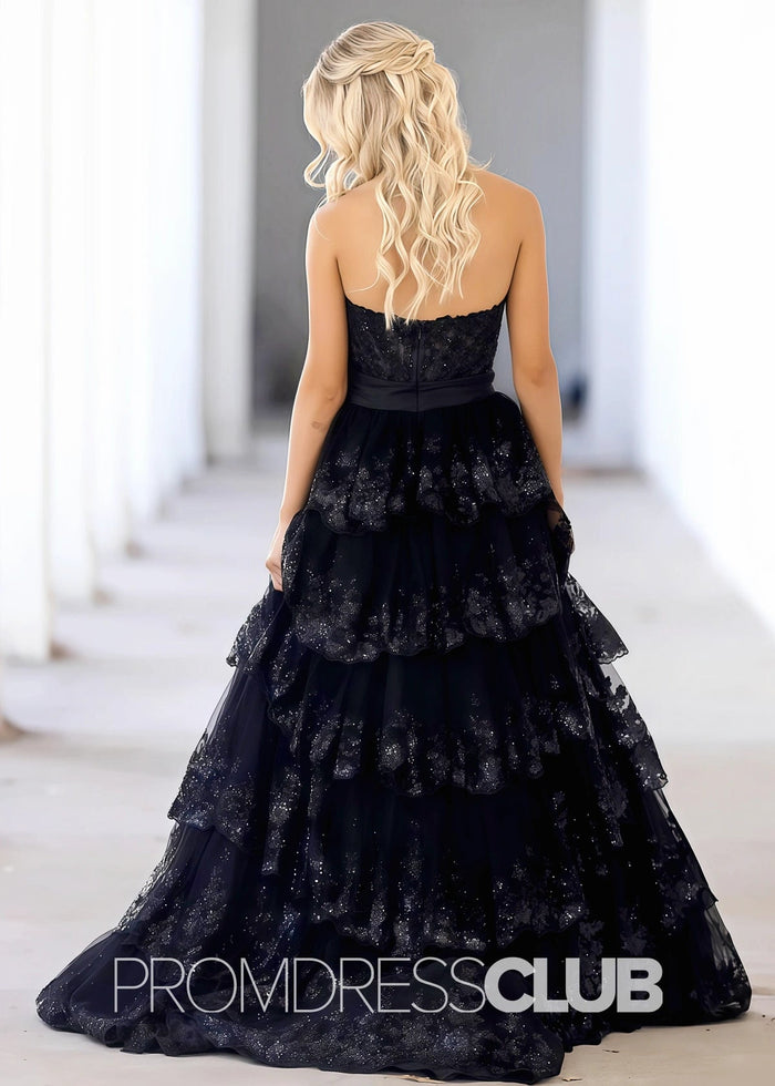 Hazel | Lace Appliques Ruffle Black Prom Dresses - Price #price_variant_lowest# - Black - PromDressClub