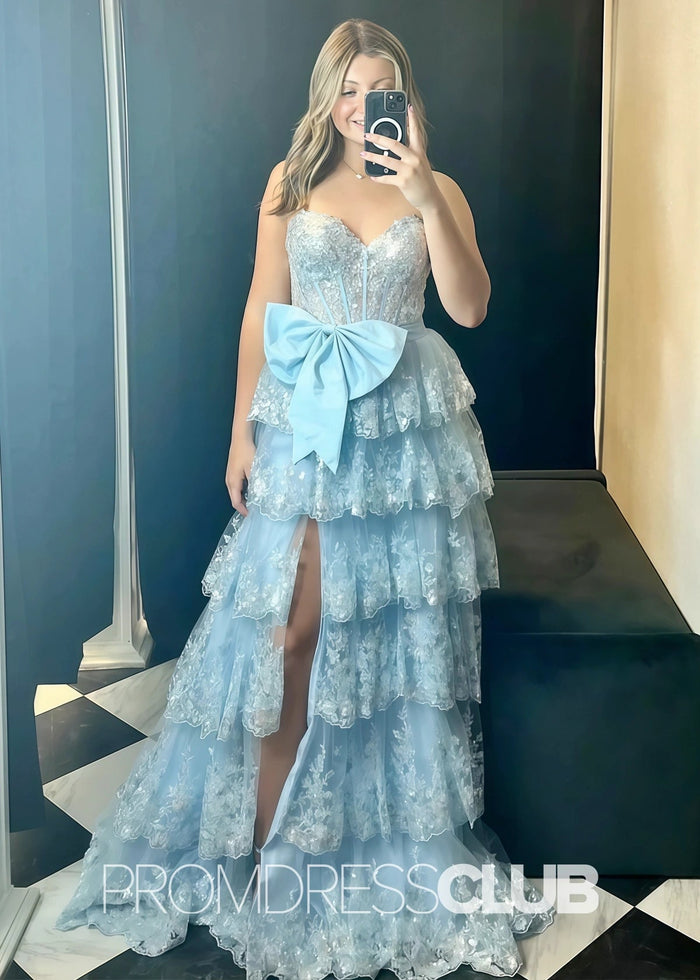 Hazel | Lace Appliques Ruffle Black Prom Dresses - Price #price_variant_lowest# - Light Blue - PromDressClub