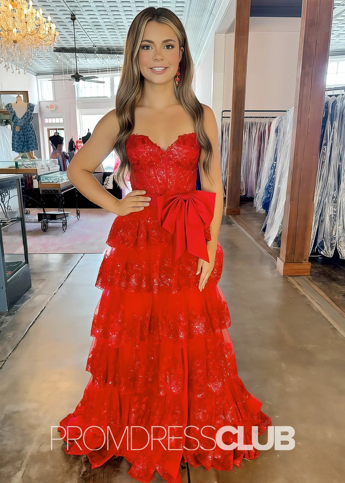 Lace Appliques Ruffle Black Prom Dresses - Red - PROMDRESS Club