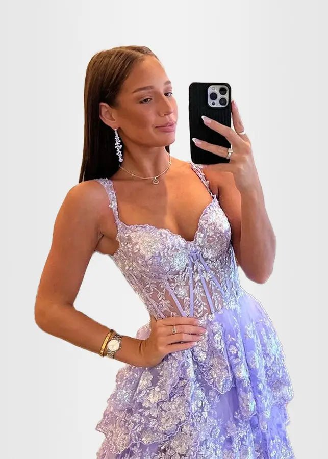 Lydia |Lace Ruffles A Line Blue Princess Off the Shoulder Prom Dress With Corset - Lavender - US0 - PromDressClub