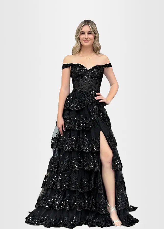 Lydia |Lace Ruffles A Line Blue Princess Off the Shoulder Prom Dress With Corset - Black - US0 - PromDressClub