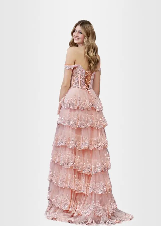 Lydia |Lace Ruffles A Line Blue Princess Off the Shoulder Prom Dress With Corset - Pink - US0 - PromDressClub