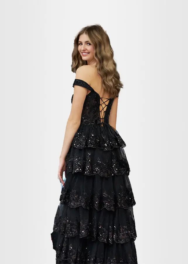 Lydia |Lace Ruffles A Line Blue Princess Off the Shoulder Prom Dress With Corset - Black - US0 - PromDressClub