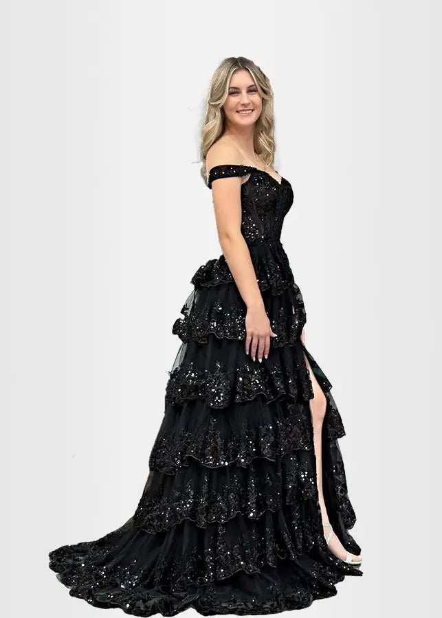 Lydia |Lace Ruffles A Line Blue Princess Off the Shoulder Prom Dress With Corset - Black - US0 - PromDressClub