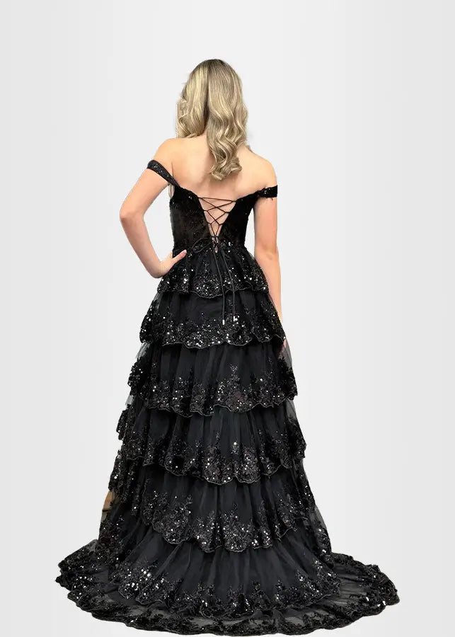 Lydia |Lace Ruffles A Line Blue Princess Off the Shoulder Prom Dress With Corset - Black - US0 - PromDressClub