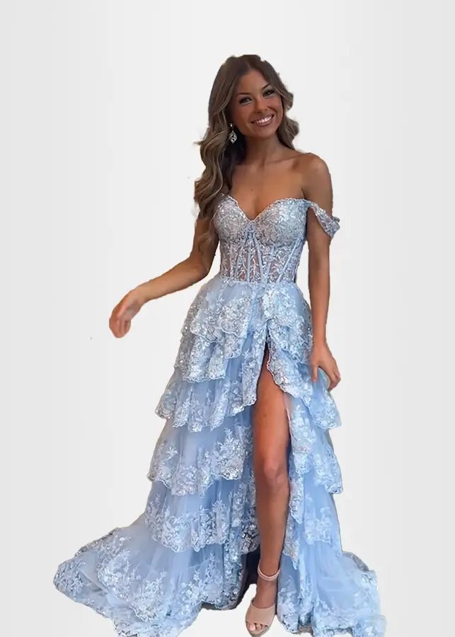 Lydia |Lace Ruffles A Line Blue Princess Off the Shoulder Prom Dress With Corset - Blue - US0 - PromDressClub