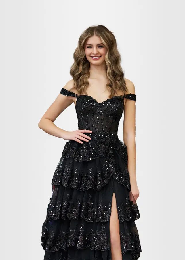 Lydia |Lace Ruffles A Line Blue Princess Off the Shoulder Prom Dress With Corset - Black - US0 - PromDressClub