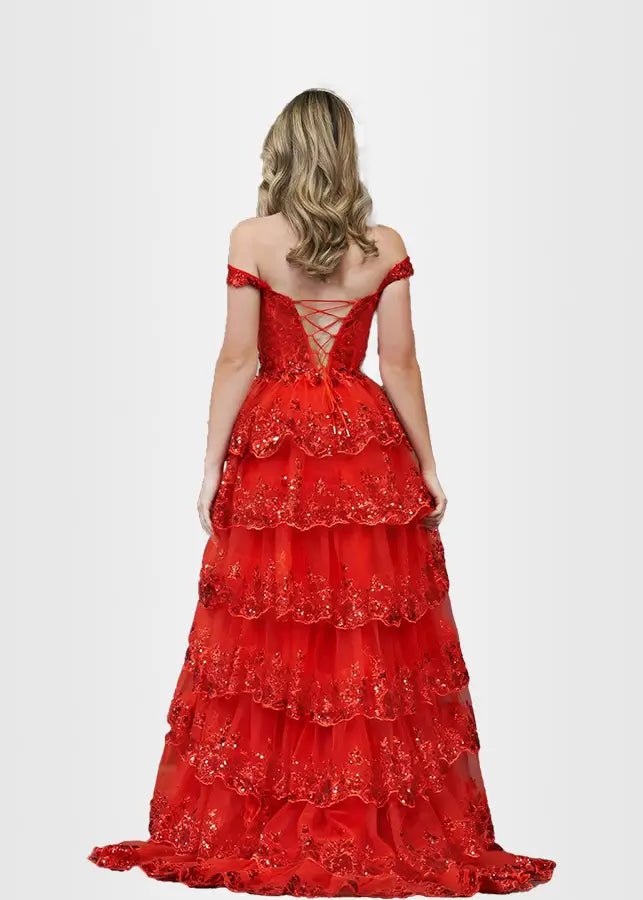 Lydia |Lace Ruffles A Line Blue Princess Off the Shoulder Prom Dress With Corset - Red - US0 - PromDressClub