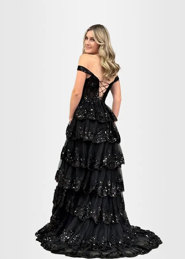 Lydia |Lace Ruffles A Line Blue Princess Off the Shoulder Prom Dress With Corset - Black - US0 - PromDressClub