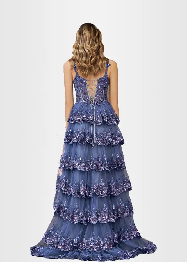 Lydia |Lace Ruffles A Line Blue Princess Off the Shoulder Prom Dress With Corset - Navy Blue - US0 - PromDressClub