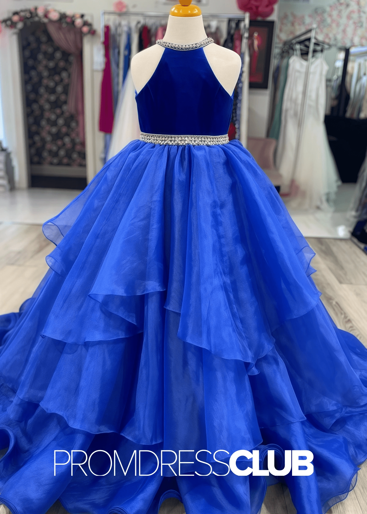 Laura | Halter Royal Blue Velvet Long Pageant Dresses for Girls - Royal Blue - PromDressClub