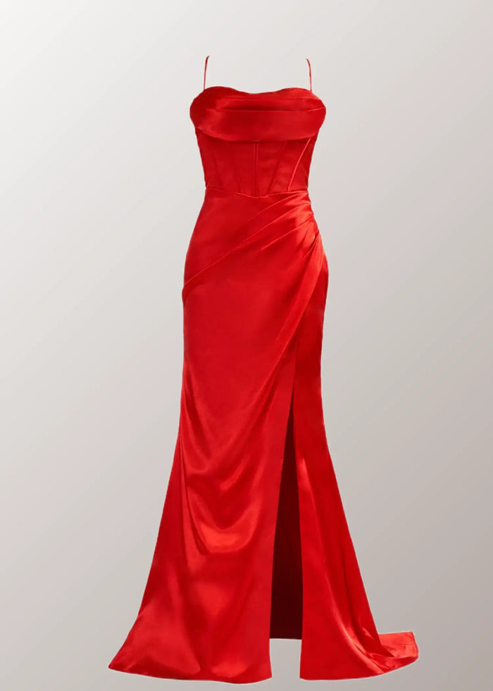 Laura | Mermaid Spaghetti Strap Fuchsia Satin Open Back Prom Dresses with Slit - Red - PromDressClub